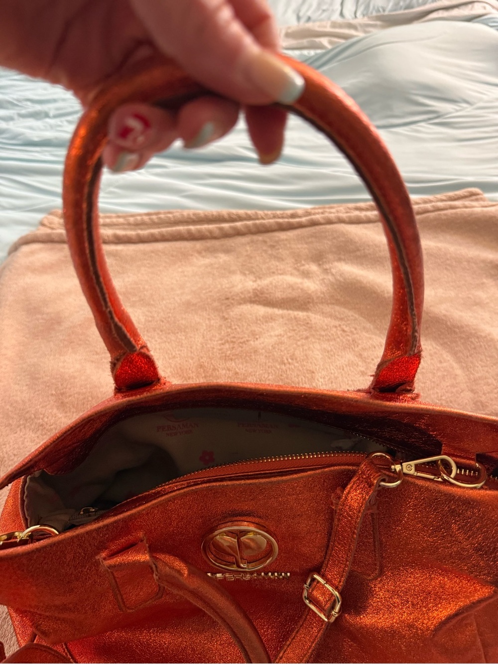 Persaman New York Metallic Orange Satchel with Top Handles - Picture 6 of 9